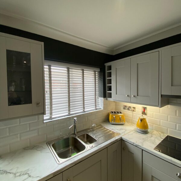 PVC white Venetians with light grey tapes